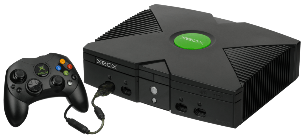 Original Microsoft Xbox with the slim controller connected via cable.