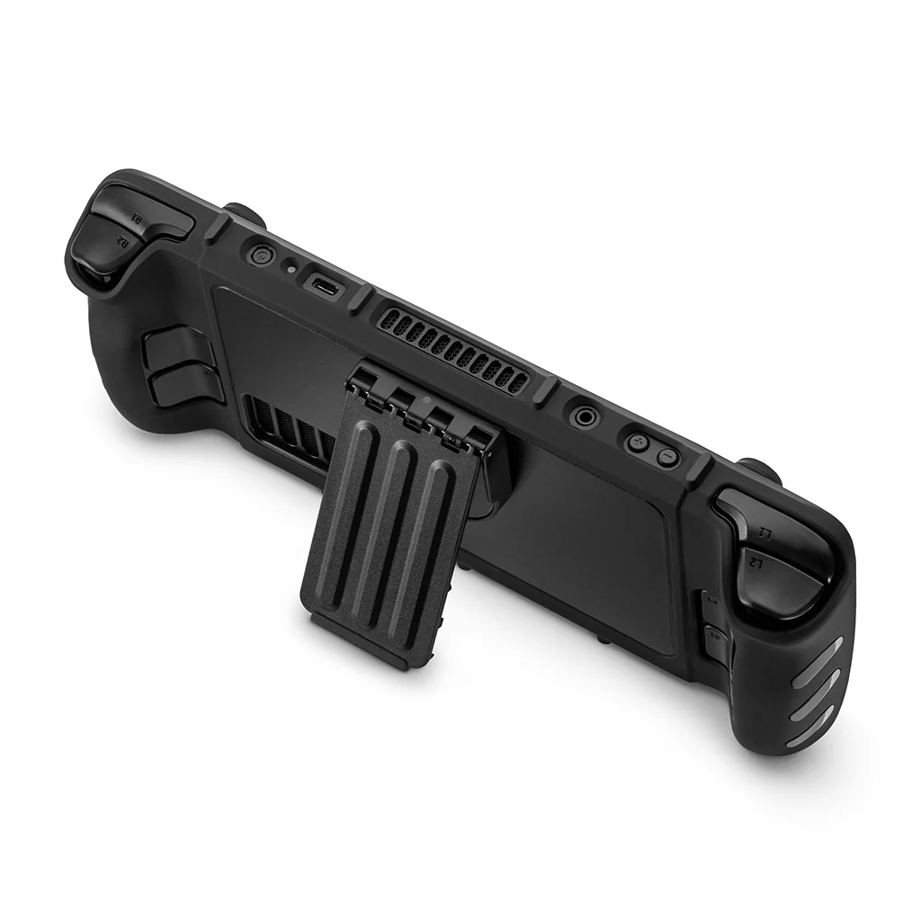 Steam Deck in a DBrand Killswitch Case with kickstand attached and in use