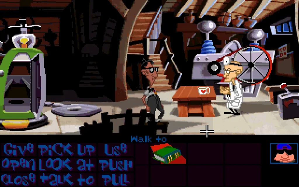 Bernard Bernoulli stands in Dr. Fred's laboratory, starting his search for Dr. Fred's plans for a super-battery.