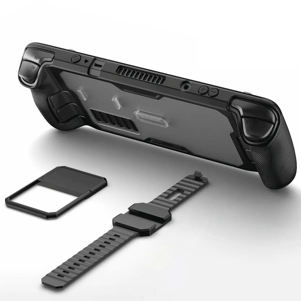 Steam Deck in the JSAUX ModCase with kickstand and strap accessories
