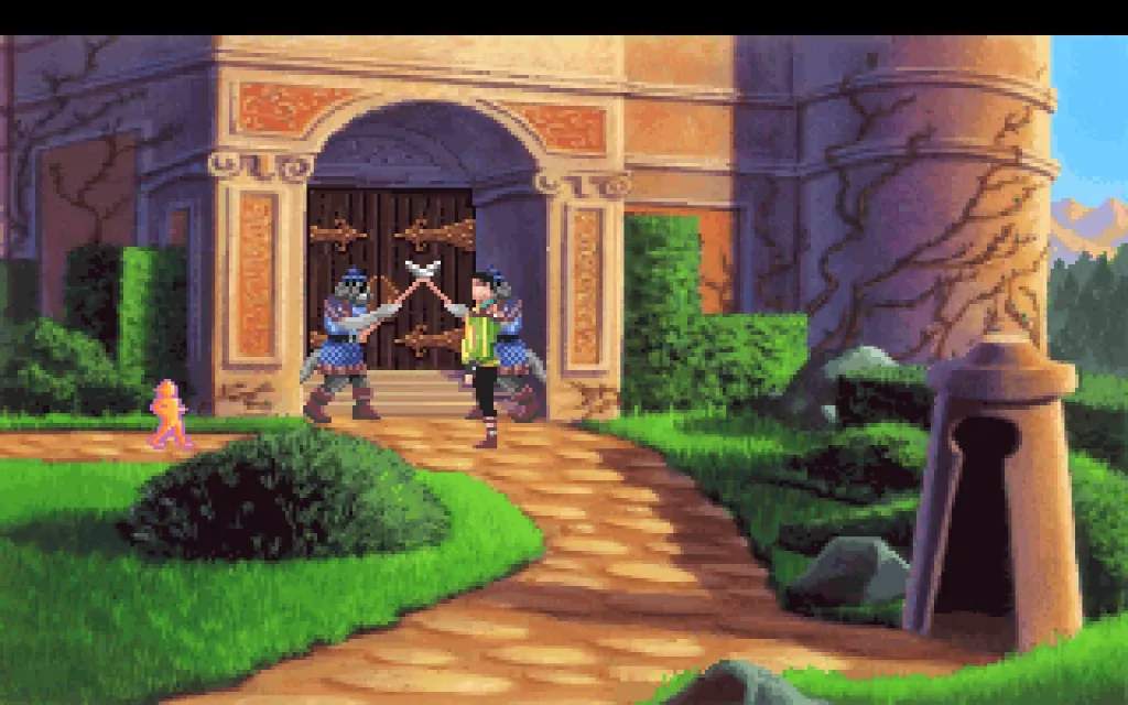 Alexander of Daventry stands at the gates of the castle in the Land of the Green Isles, being denied entry.