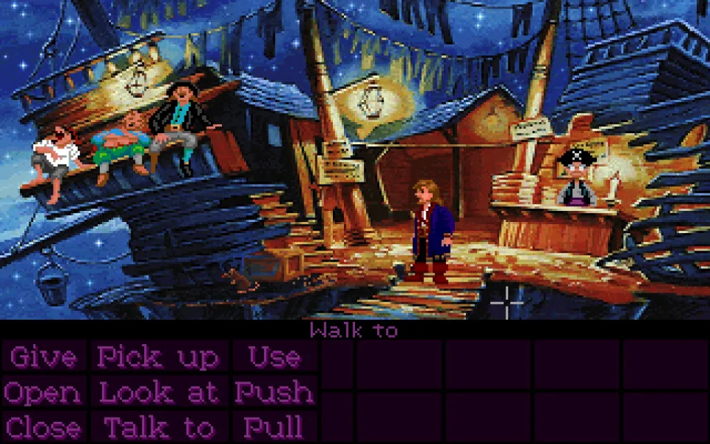 Guybrush Threepwood in Woodtick, looking over to the men of low moral fibre.