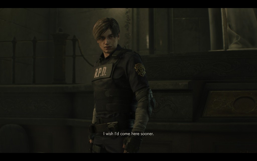 Leon Kennedy speaking with another surviving officer during a cutscene in Resident Evil 2 Remake