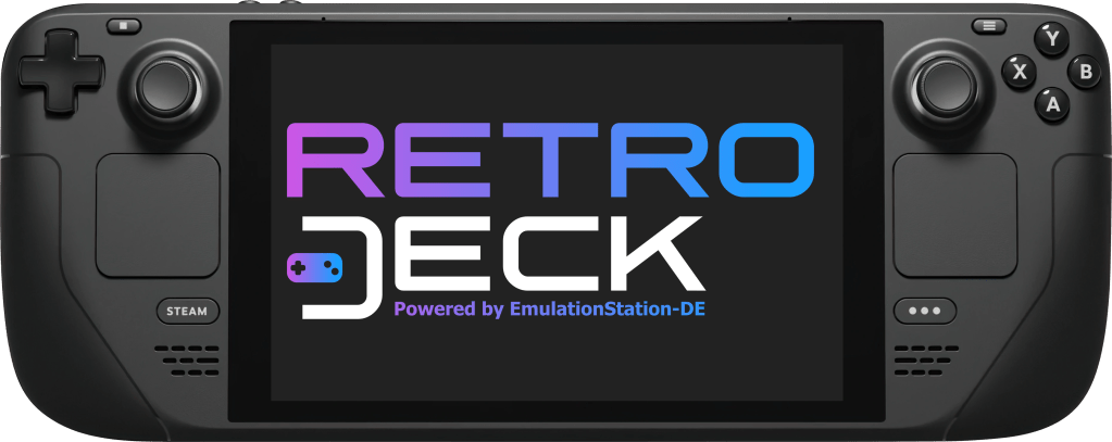 A Steam Deck showing the main logo of the application RetroDeck