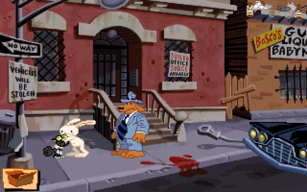 Sam and Max outside their office, while Max turns a cat inside out to recieve their message from the commissioner.