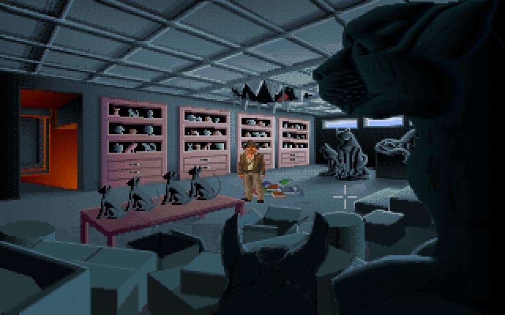 Indiana Jones stands in Barnett College after falling through a portion of the roof.