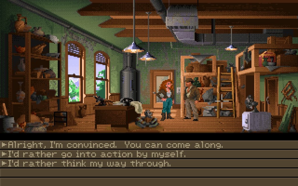 Indiana Jones speaking with Sophia Hapgood, given a choice on how he wants to approach his upcoming quest