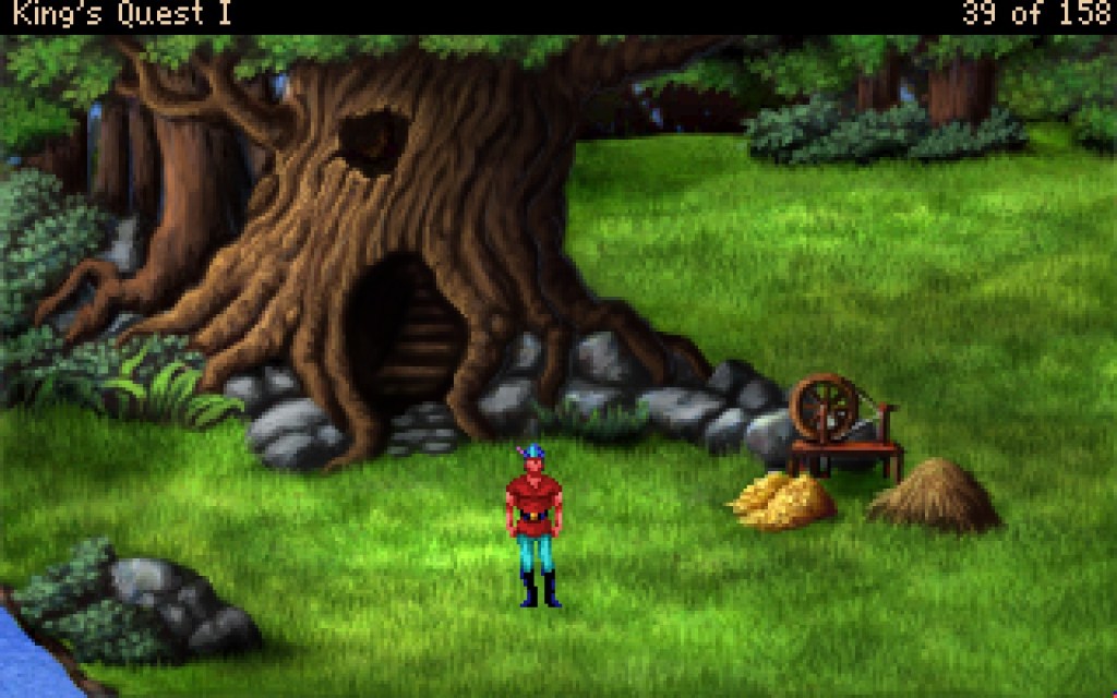 Sir Graham of Daventry in a woods environment next to a spinning wheel after guessing Rumplestiltskin's name.