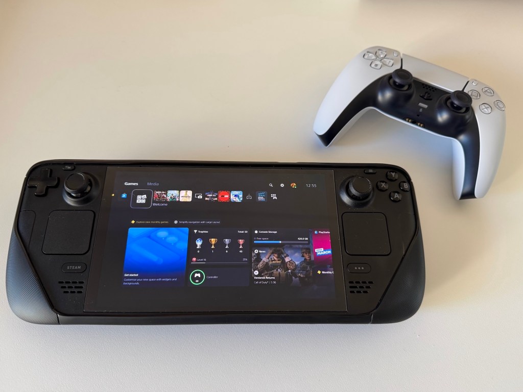Steam Deck OLED streaming PlayStation 5 with a DualSense controller