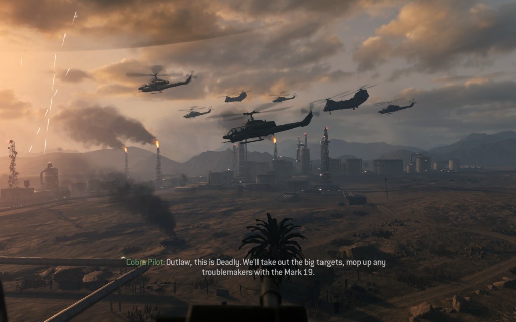 View of passing choppers heading into a warzone in Call of Duty: Modern Warfare Remastered.