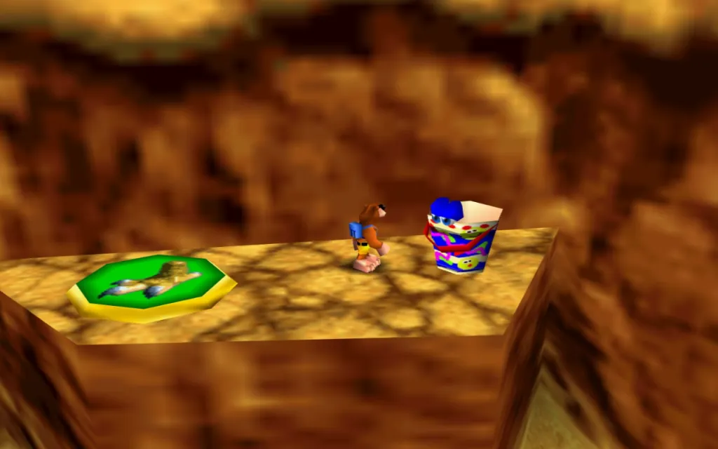 Banjo Kazooie, standing next to Leaky the bucket.