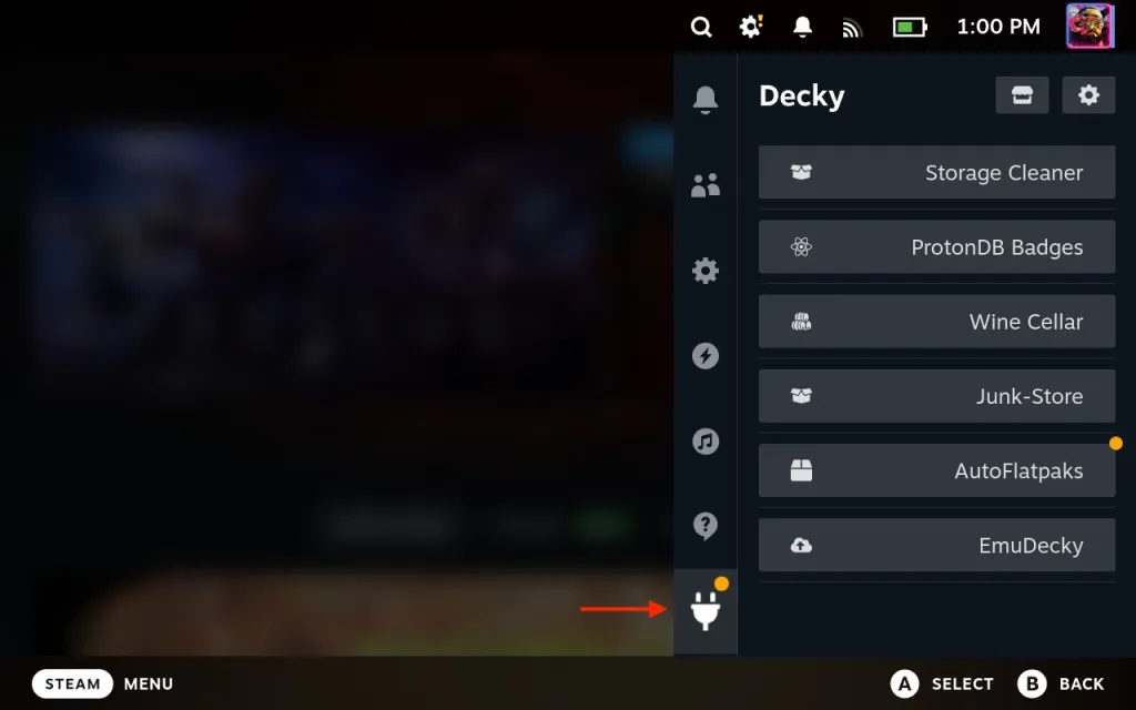 Decky Loader on Steam Deck main menu